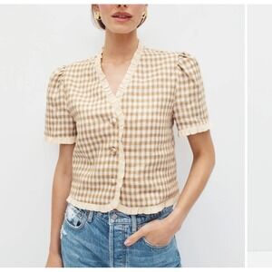 Reformation Bess Gingham Plaid Ruffle Crop Top Button Front Linen XL Cottagecore